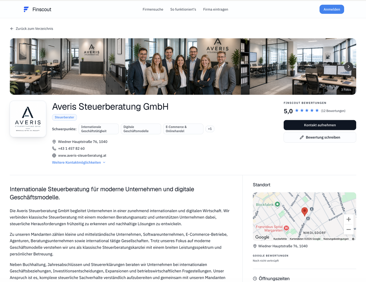 Beispiel eines Firmenprofils auf Finscout
